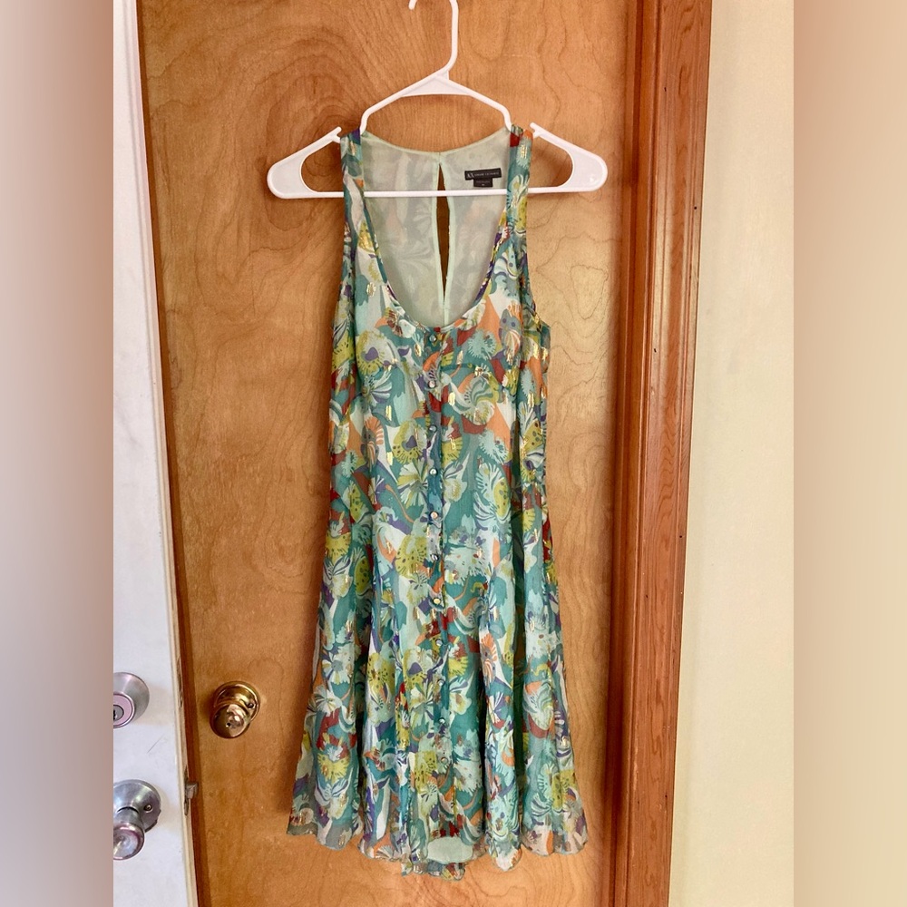 Armani Exchange Silk button down dress, sleeveless floral pattern 0P XS blue